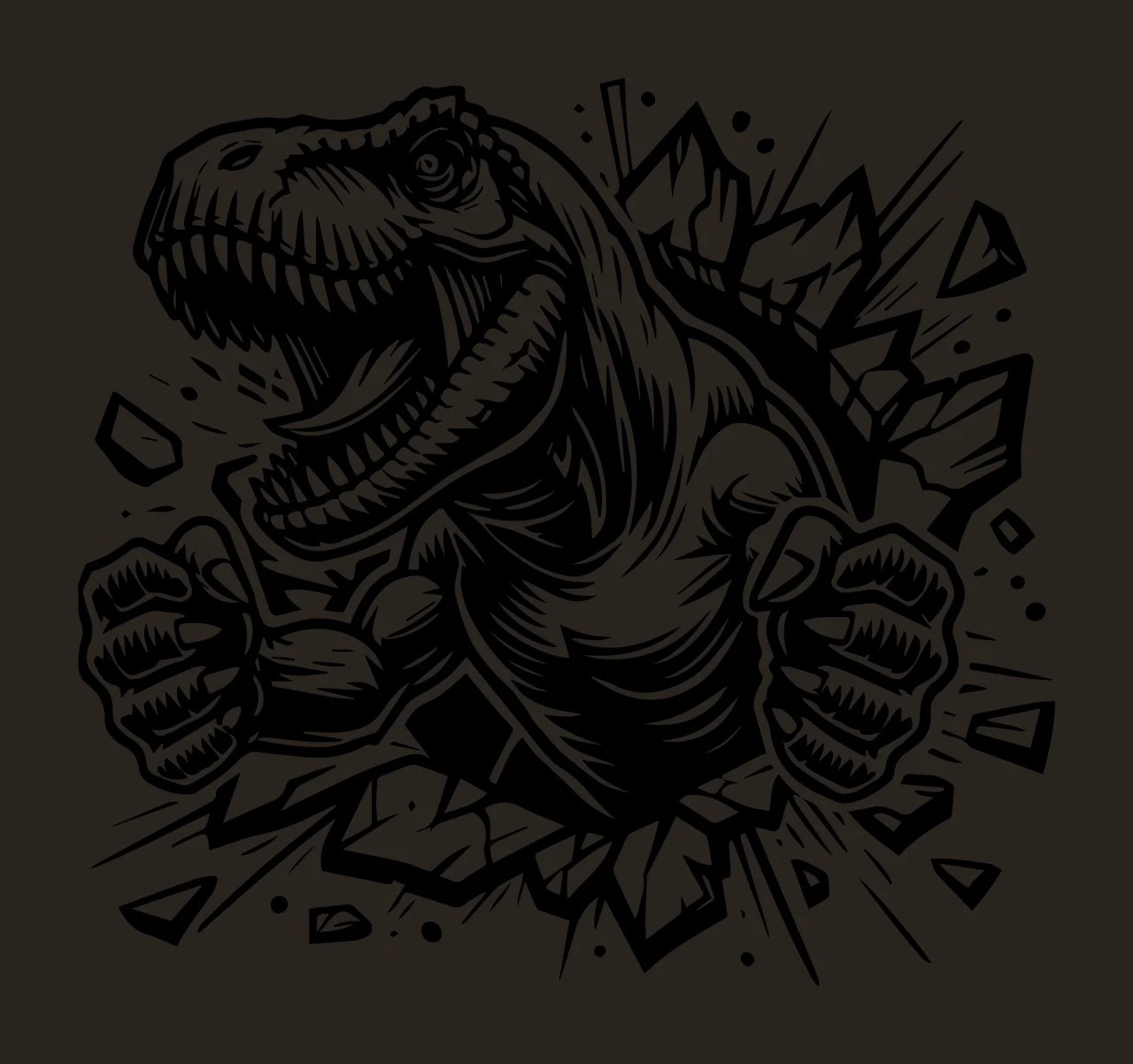 Dinosaur T Rex Roaring Through Broken Frame teeth claws shards contrast preview thumbnail