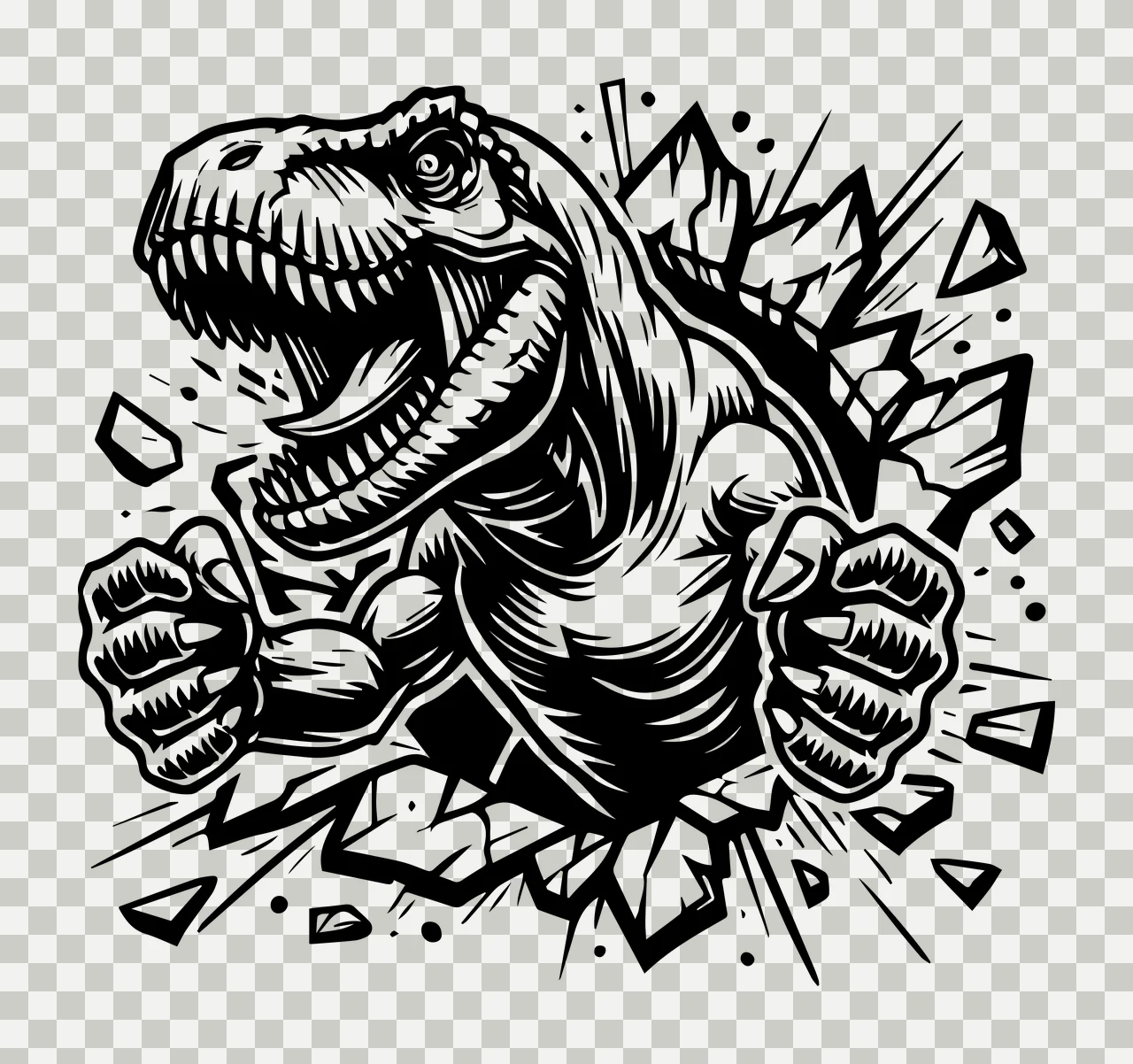Dinosaur T Rex Roaring Through Broken Frame teeth claws shards transparency and detail preview thumbnail