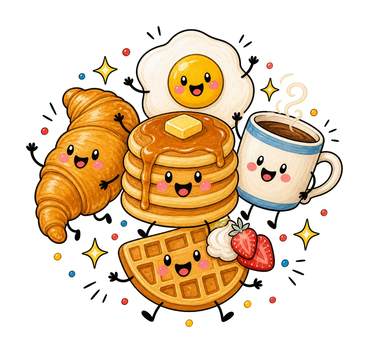 Happy Breakfast Food Doodle Cute Smiling Variation F