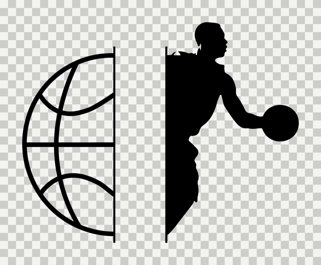 Ball Split Graphic Showing Basketball And Player Silhouette dribbling transparency and detail preview thumbnail