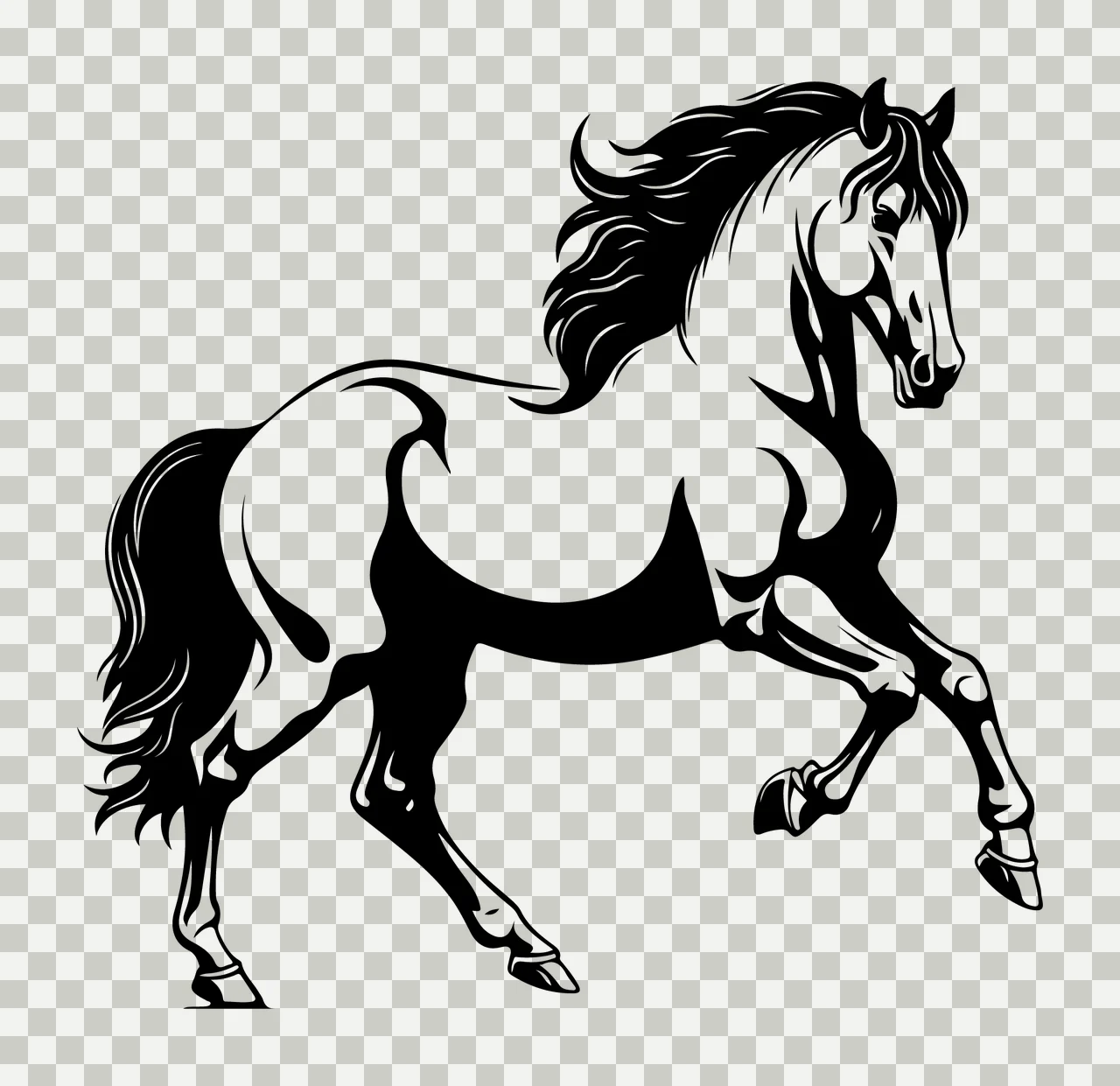 Horse Rearing On Hind Legs mane tail hooves line art black transparency and detail preview thumbnail