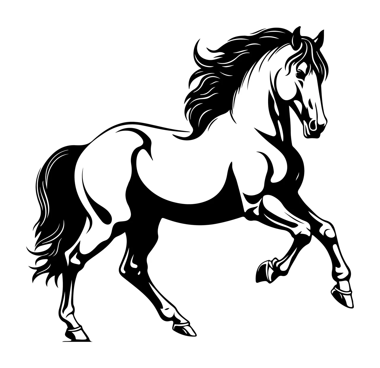 Horse Rearing On Hind Legs mane tail hooves line art black