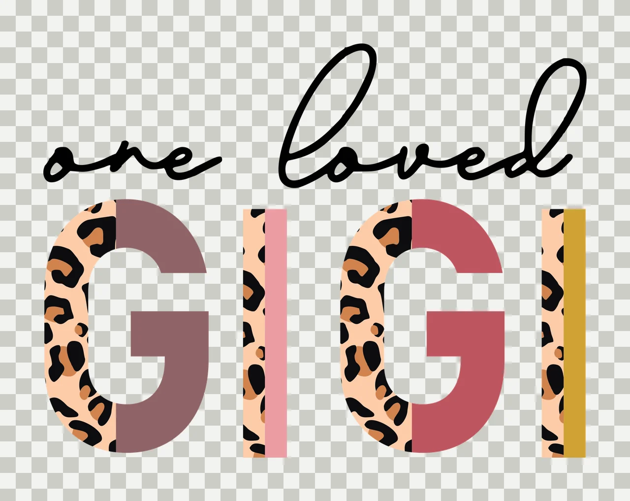 One loved GIGI Typography Design with text 'one loved', leopard print pattern and solid color blocks in mauve pink rose mustard in black, beige and brown transparency and detail preview thumbnail