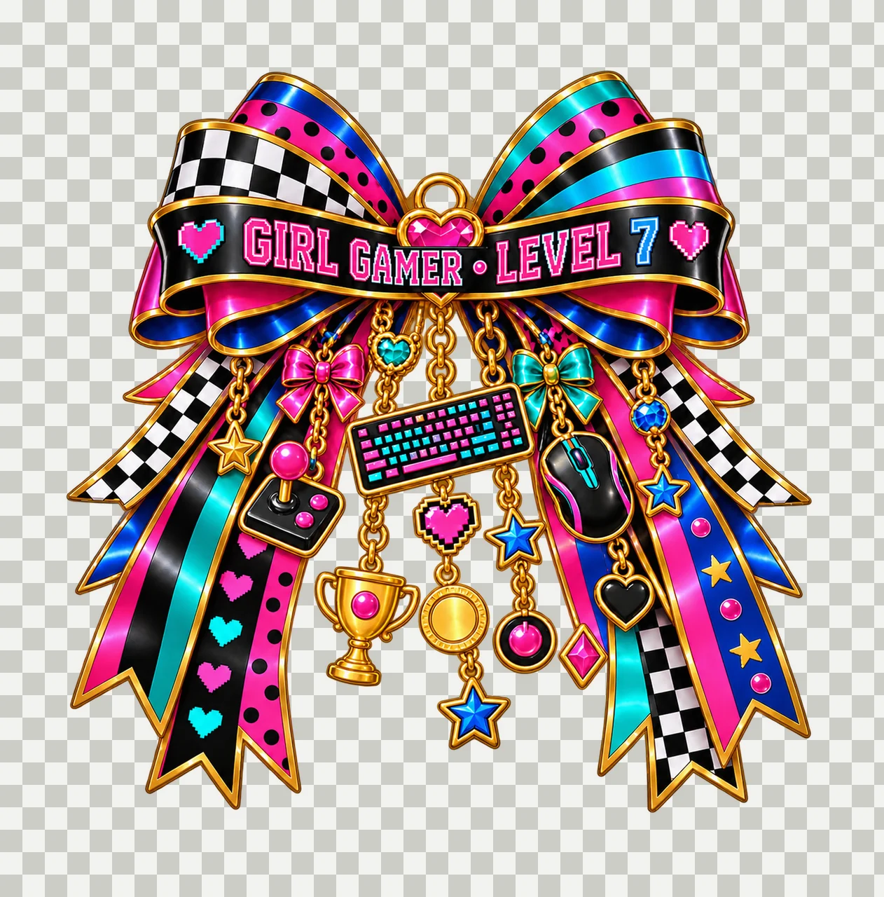 Girl Gamer Level 7 Bow Charm PNG, Patterned Coquette Bow Clipart, Transparent Sublimation Digital Download transparency and detail preview thumbnail