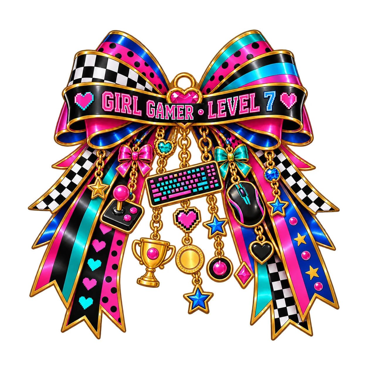 Girl Gamer Level 7 Bow Charm PNG, Patterned Coquette Bow Clipart, Transparent Sublimation Digital Download