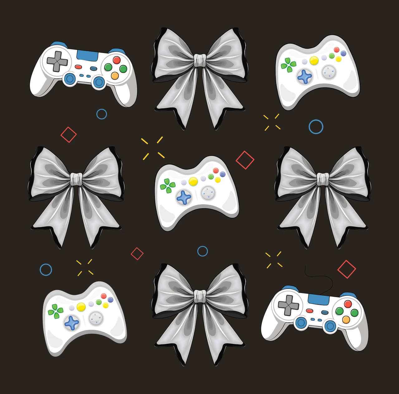 Grid Of Black Silhouettes With Bows And Game controllers circles contrast preview thumbnail