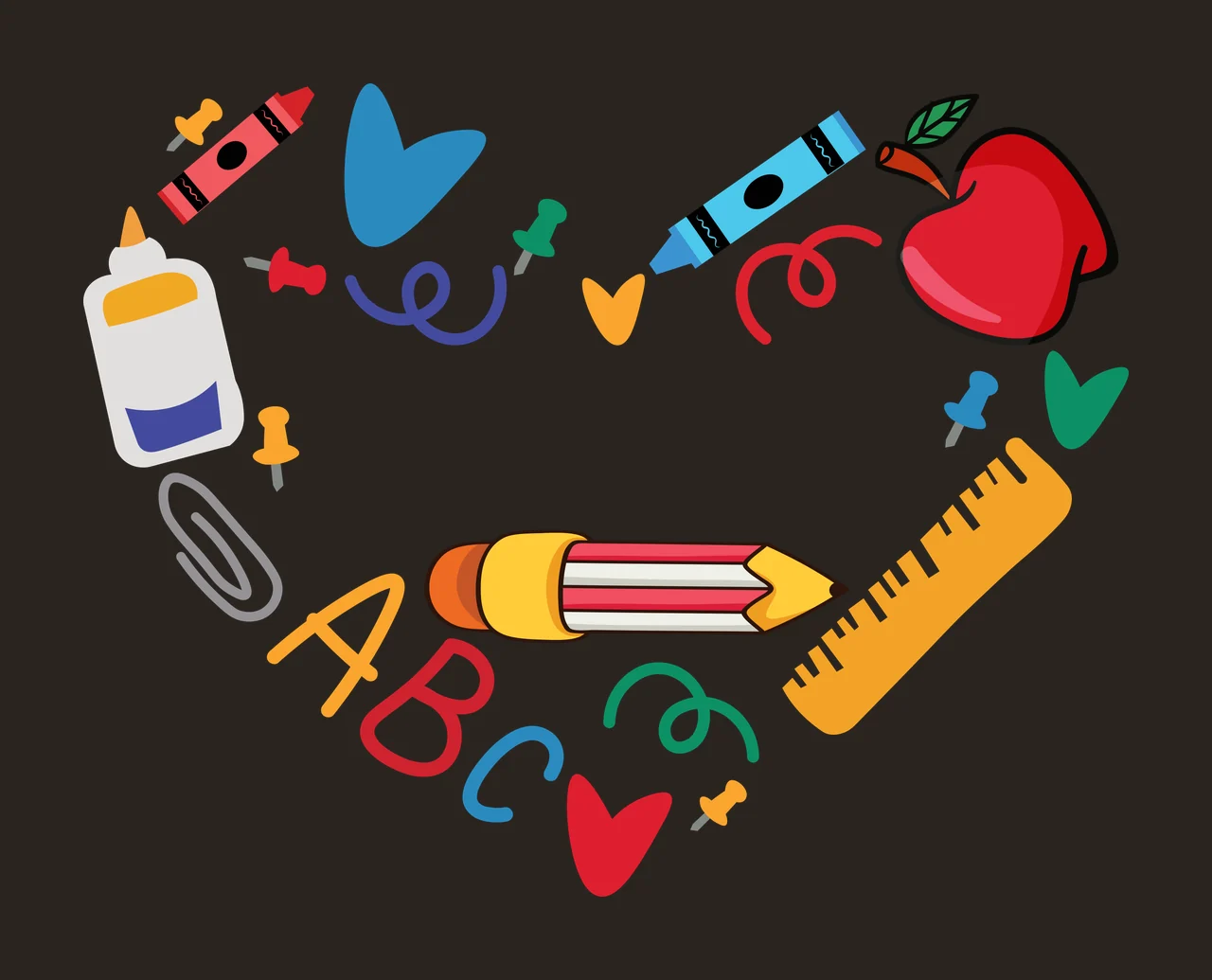 ABC school supplies arranged in a heart shape Design with ABC letters, pencil, ruler and red apple in yellow and blue contrast preview thumbnail