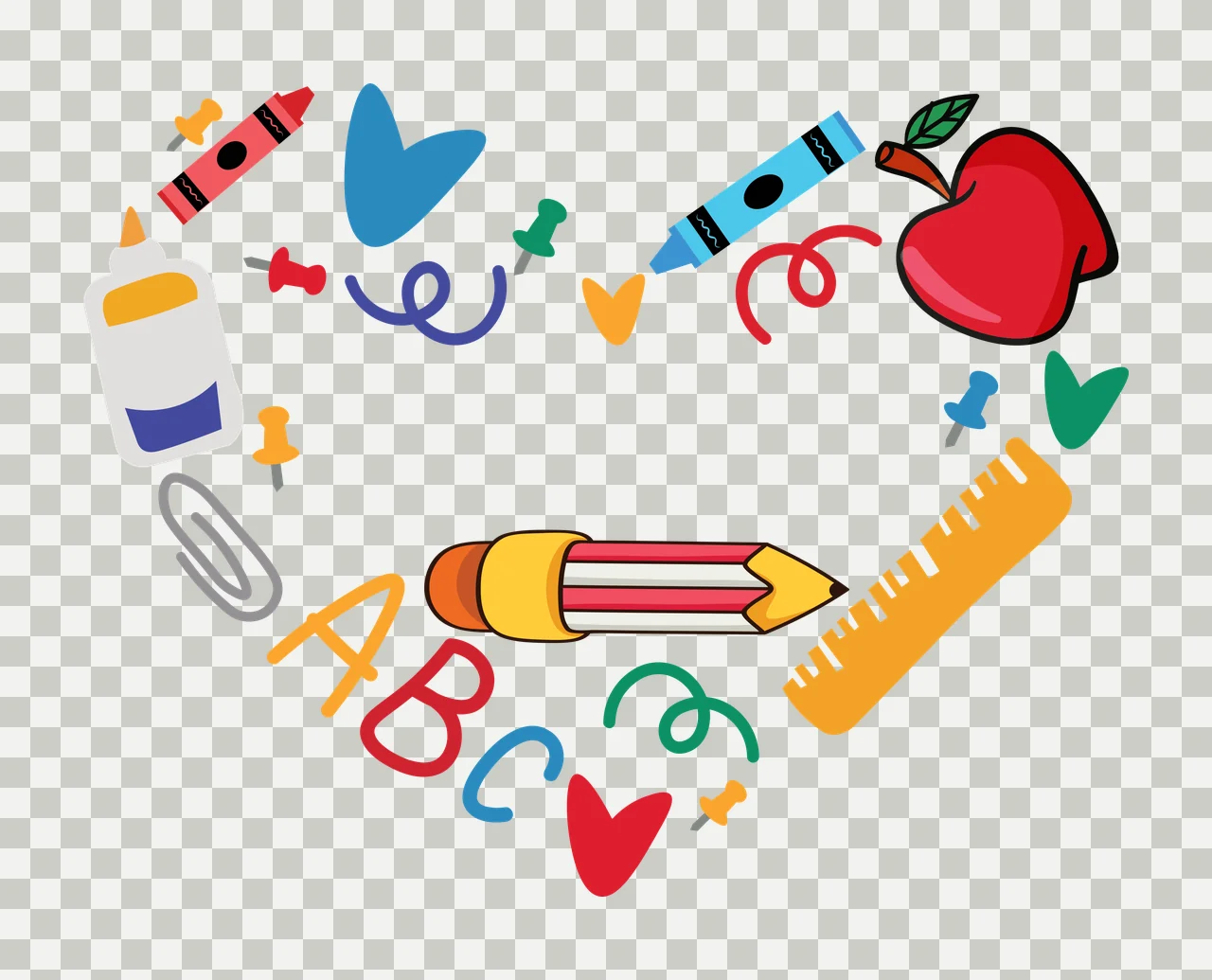 ABC school supplies arranged in a heart shape Design with ABC letters, pencil, ruler and red apple in yellow and blue transparency and detail preview thumbnail