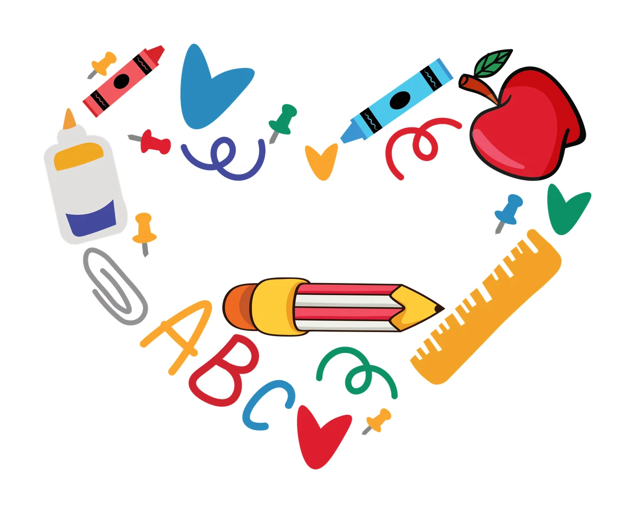 ABC school supplies arranged in a heart shape Design with ABC letters, pencil, ruler and red apple in yellow and blue