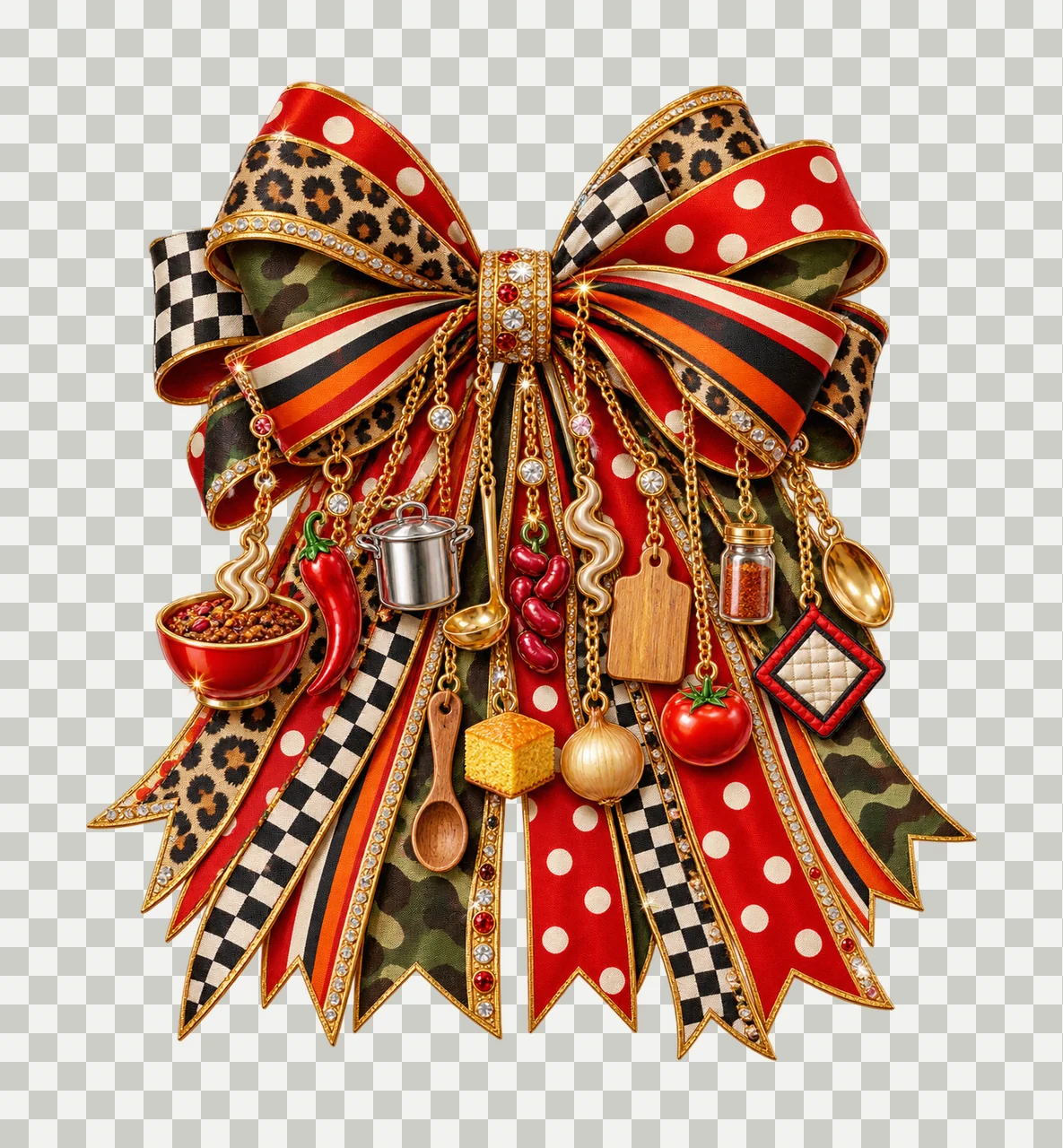 Chili Cook Bow Charm PNG, Themed Gold Chain Charms, Coquette Ribbon Sublimation Design, Transparent Digital Download transparency and detail preview thumbnail
