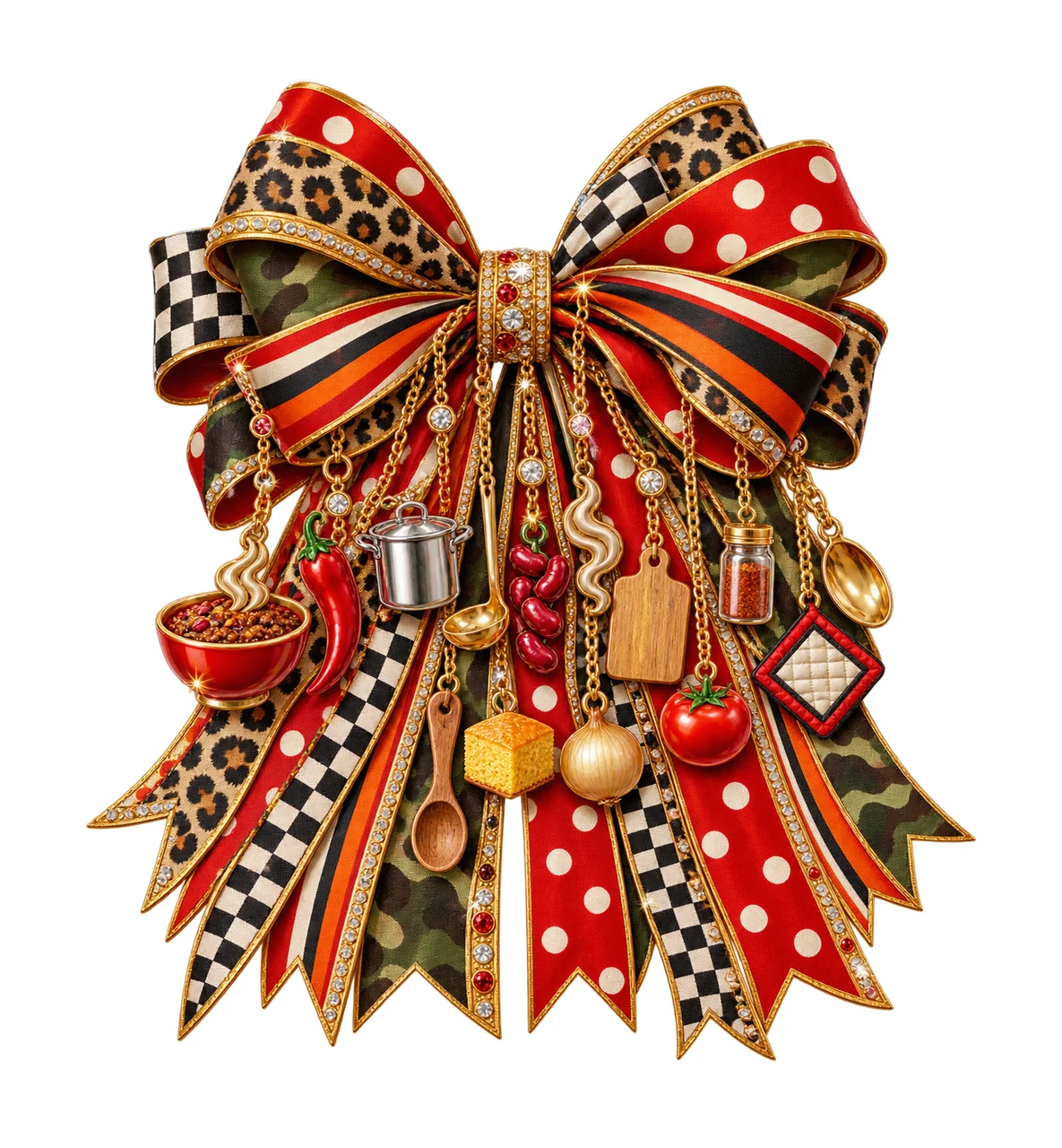 Chili Cook Bow Charm PNG, Themed Gold Chain Charms, Coquette Ribbon Sublimation Design, Transparent Digital Download
