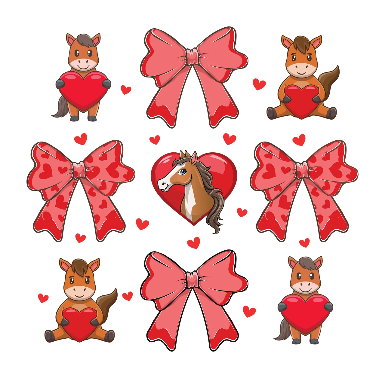 Bow Horse Cartoon And Red holding heart brown black white pattern