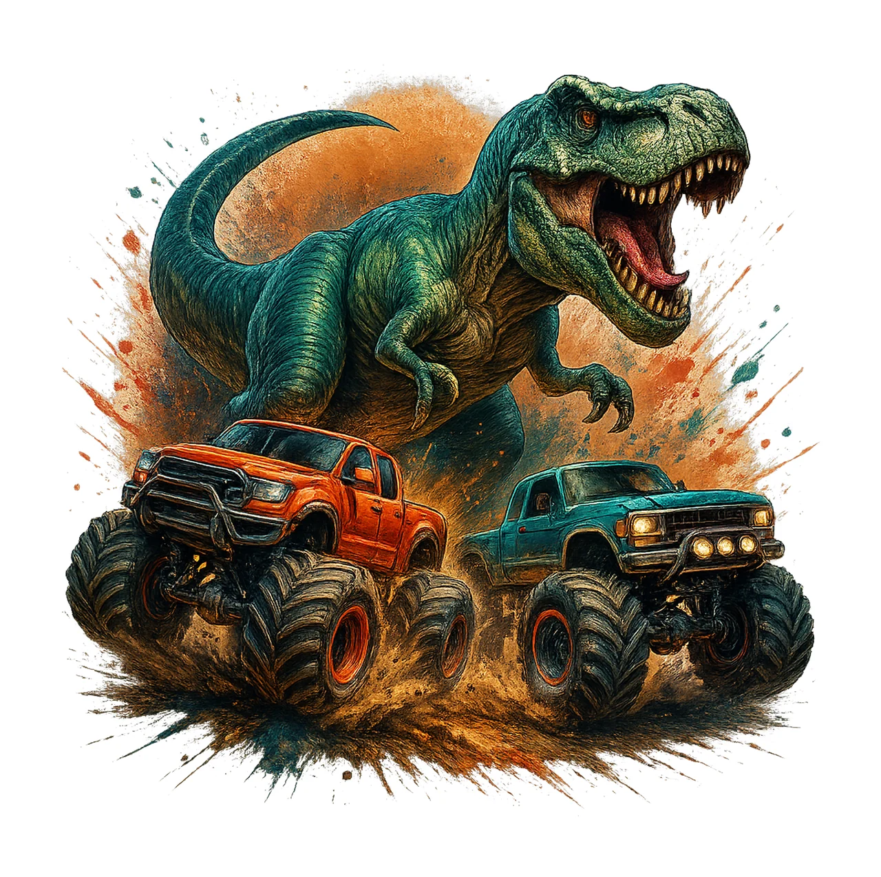 Watercolor Rex Monster Truck Dinosaur Birthday Design Kids