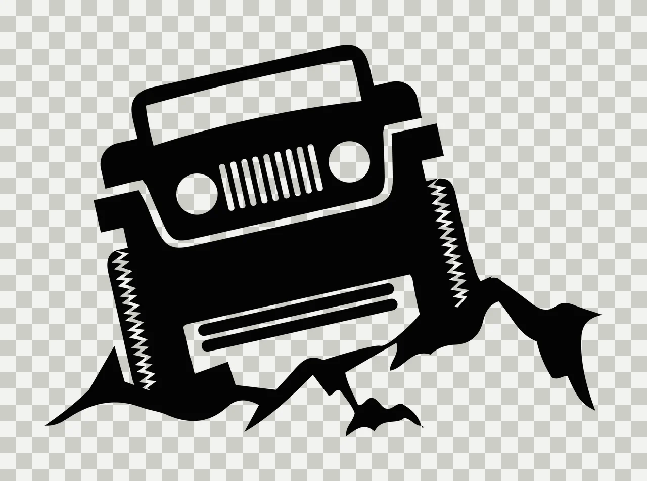 Off-road vehicle silhouette breaking through rock Illustration with black off-road vehicle, zigzag suspension lines, rocky terrain and white background transparency and detail preview thumbnail