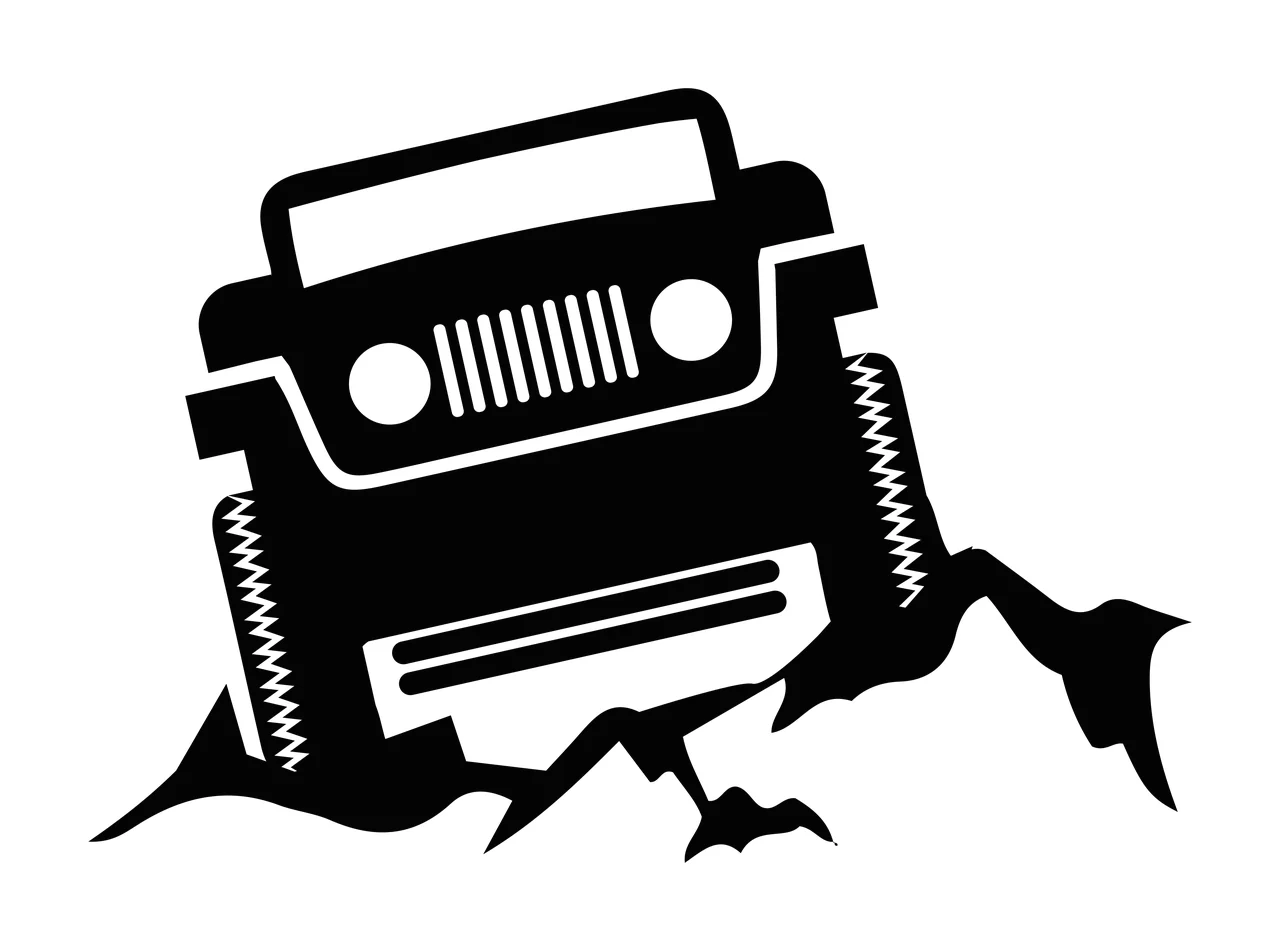 Off-road vehicle silhouette breaking through rock Illustration with black off-road vehicle, zigzag suspension lines, rocky terrain and white background