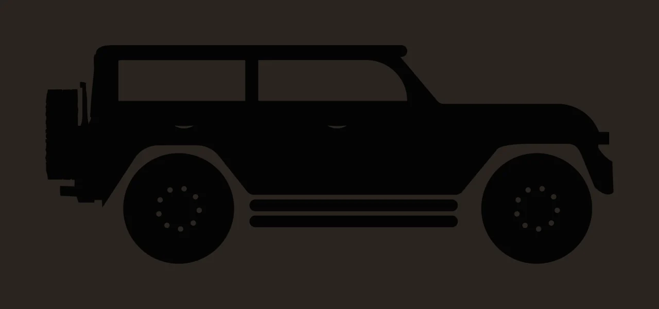 Off-road SUV silhouette Illustration with black SUV silhouette, spare tire on rear, dot-pattern wheels and three horizontal body stripes contrast preview thumbnail