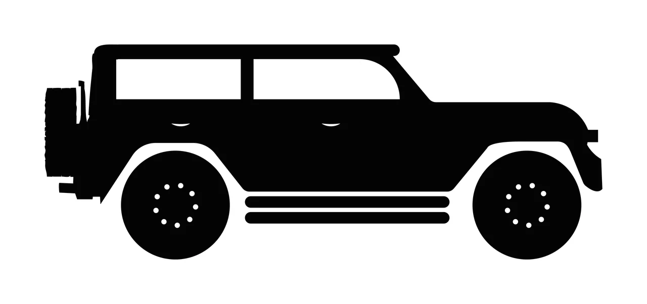 Off-road SUV silhouette Illustration with black SUV silhouette, spare tire on rear, dot-pattern wheels and three horizontal body stripes