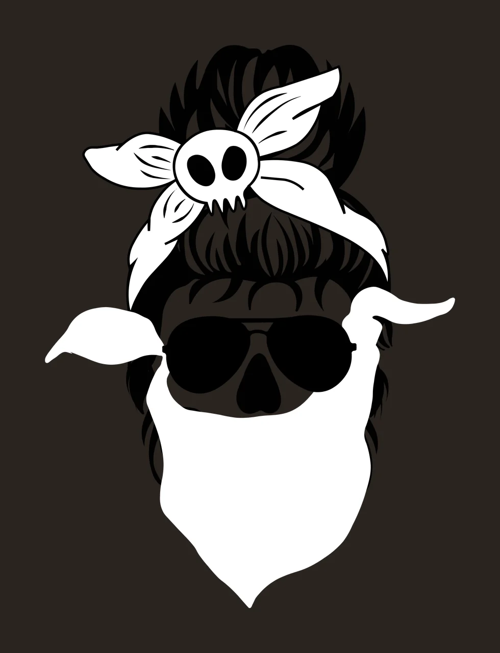 Line Art Illustration of skull with messy bun with skull face, aviator sunglasses, messy bun hair and tied bow headband in black and white contrast preview thumbnail