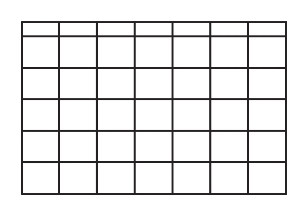 Line Art Illustration of Grid layout with empty cells with black grid lines, white cells, seven rows and seven columns