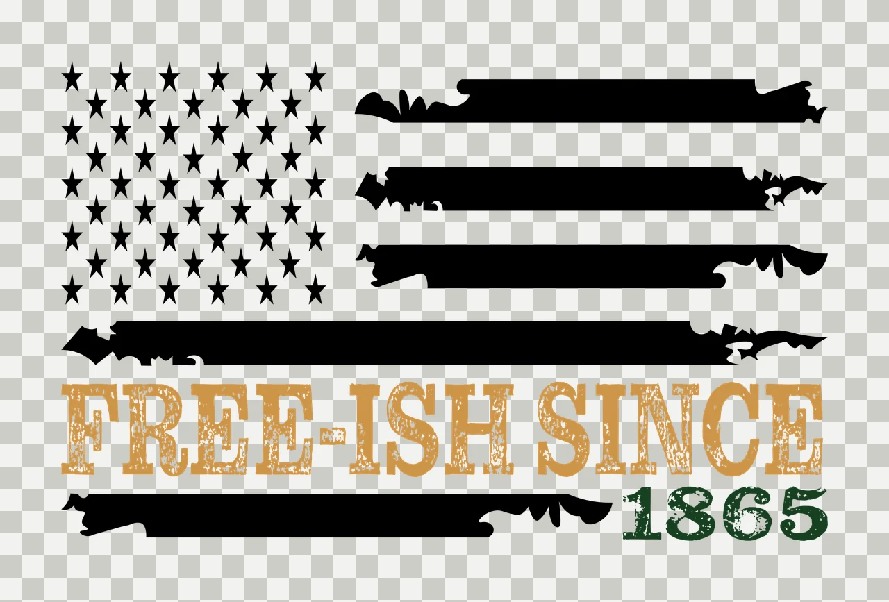 FREE-ISH SINCE 1865 distressed flag typography Design with five-pointed stars, distressed stripes, serif text and grunge texture in black, gold and green transparency and detail preview thumbnail