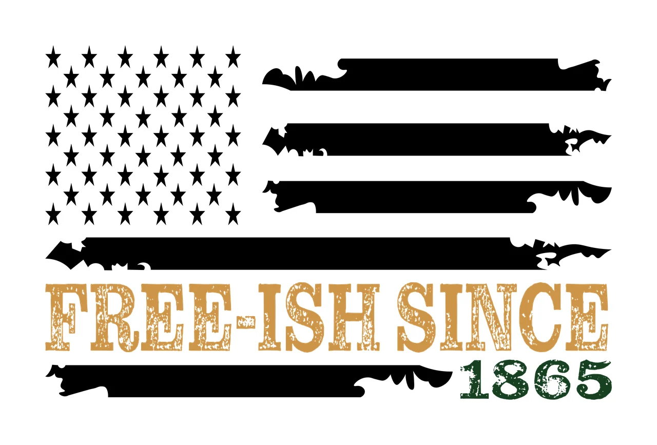 FREE-ISH SINCE 1865 distressed flag typography Design with five-pointed stars, distressed stripes, serif text and grunge texture in black, gold and green