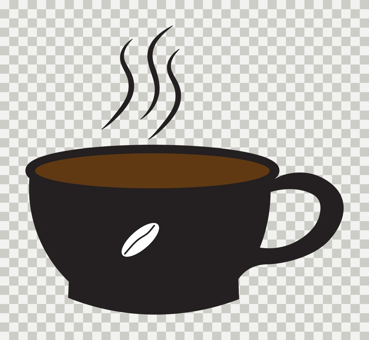 Black coffee cup with brown liquid and steam Illustration with three steam lines and white coffee bean transparency and detail preview thumbnail