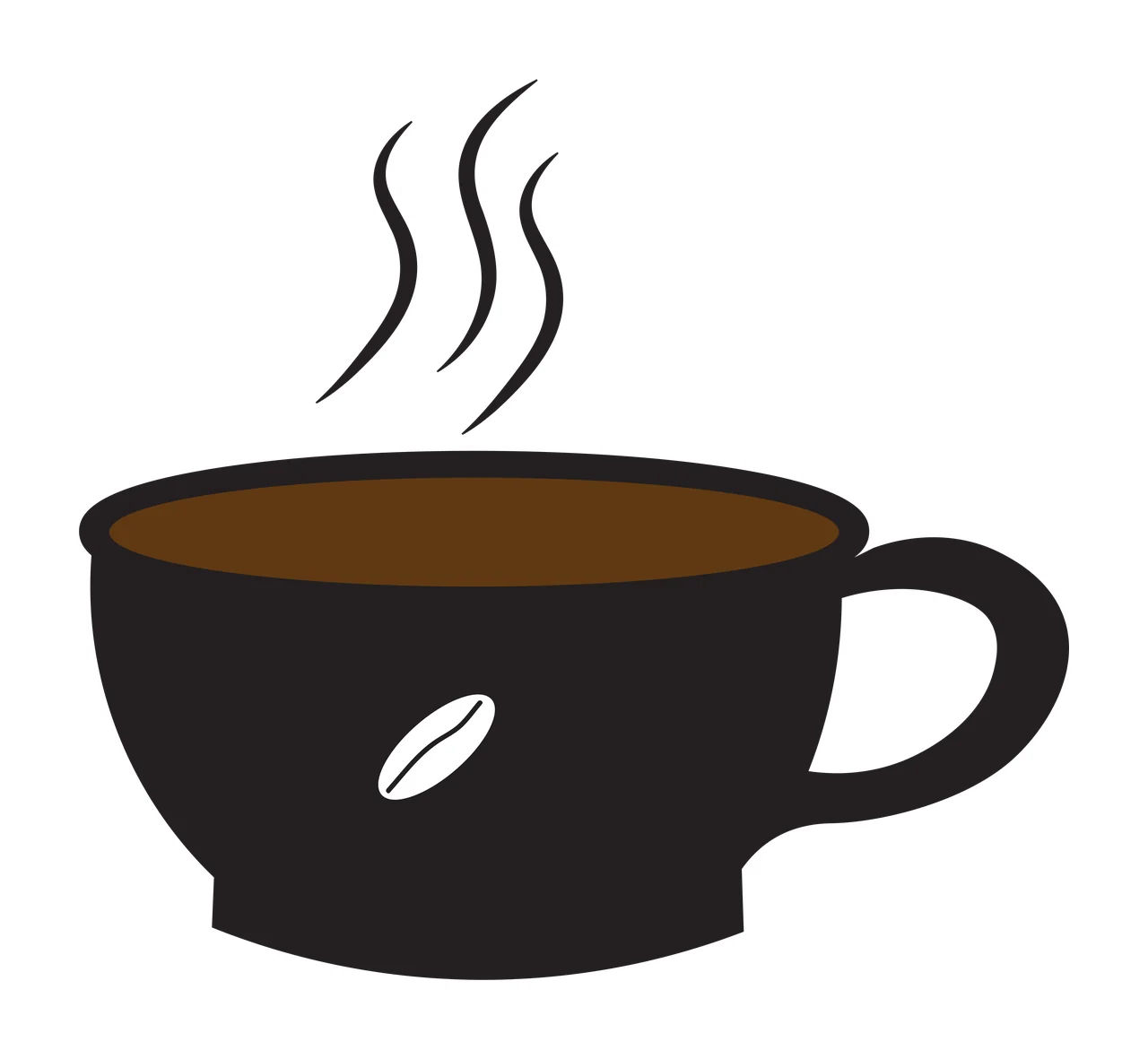 Black coffee cup with brown liquid and steam Illustration with three steam lines and white coffee bean