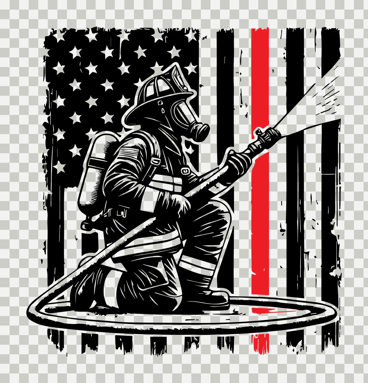 Flag Firefighter Silhouette With Hose spraying water helmet transparency and detail preview thumbnail