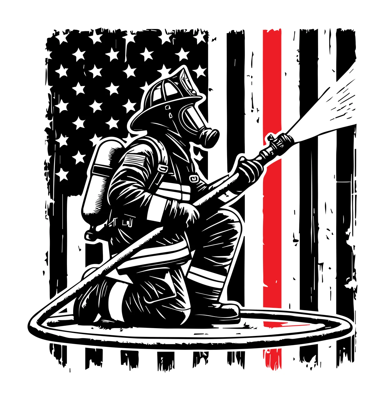 Flag Firefighter Silhouette With Hose spraying water helmet