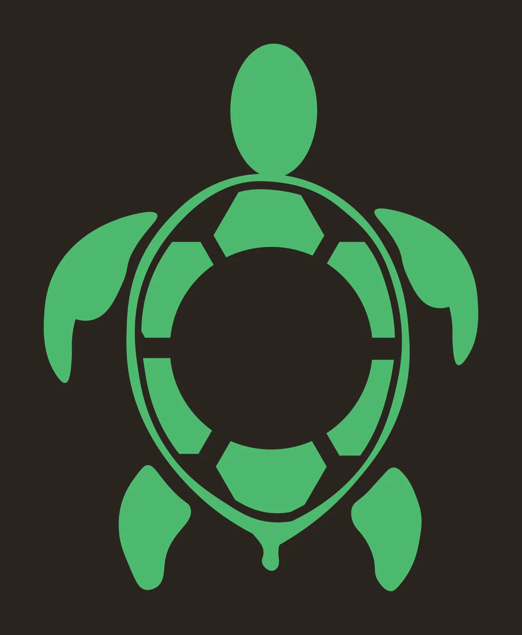 Silhouette Design of sea turtle with turtle head, front flippers, hind flippers and carapace in green and white contrast preview thumbnail