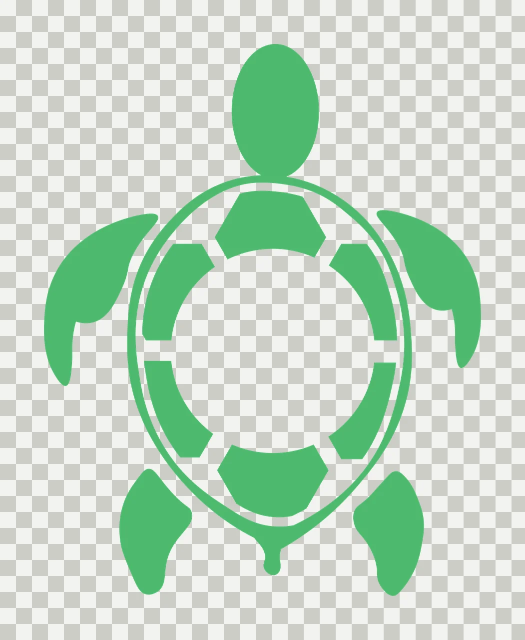 Silhouette Design of sea turtle with turtle head, front flippers, hind flippers and carapace in green and white transparency and detail preview thumbnail
