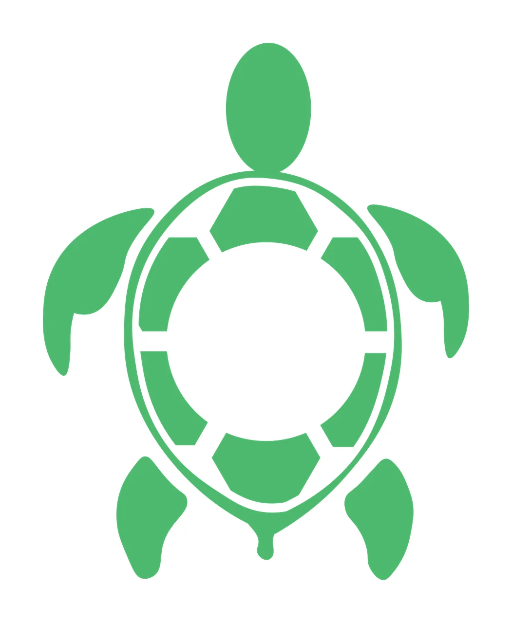 Silhouette Design of sea turtle with turtle head, front flippers, hind flippers and carapace in green and white
