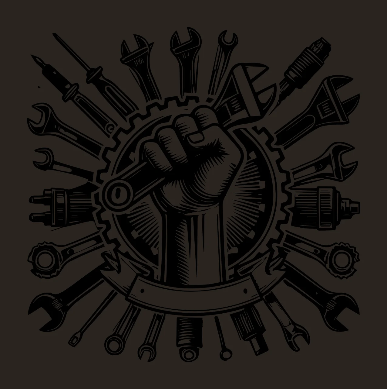 Mechanic Hand Holding Wrench With Tool Border and tools gear contrast preview thumbnail