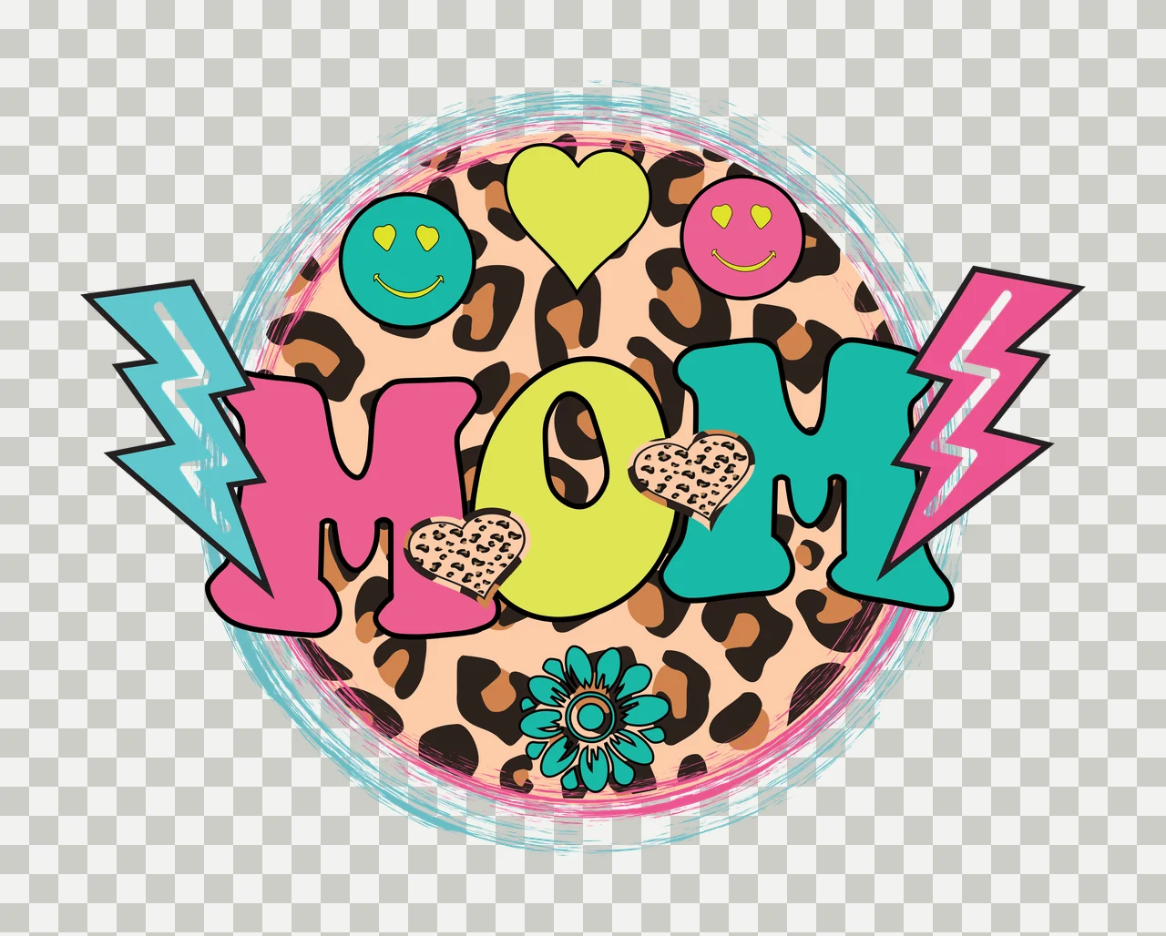MOM MOM typography Design emblem with MOM text, leopard print circle, teal lightning bolt and pink lightning bolt in yellow transparency and detail preview thumbnail