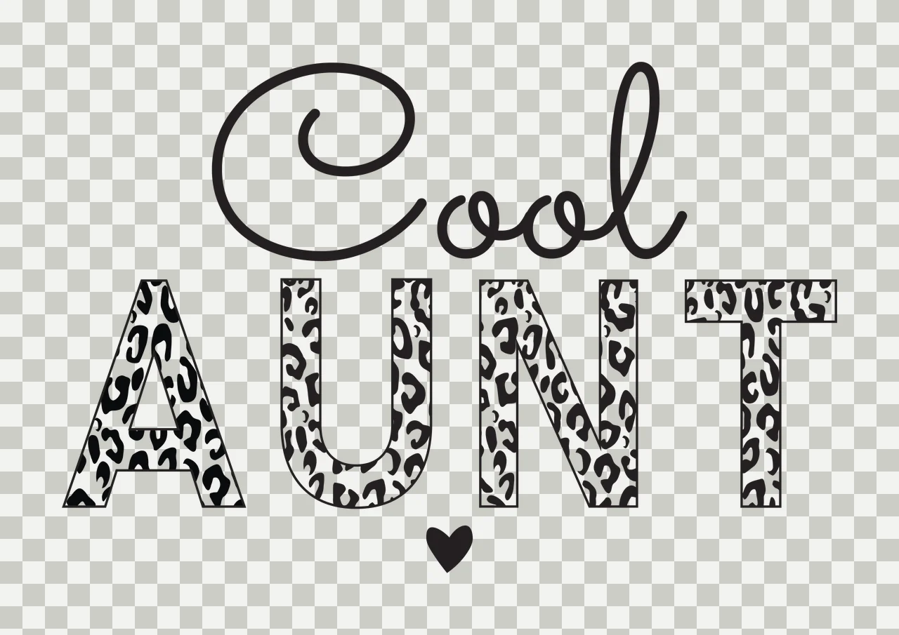 Cool AUNT Typography Design with Cool in cursive script, AUNT in block letters with leopard print and small solid black heart in white transparency and detail preview thumbnail