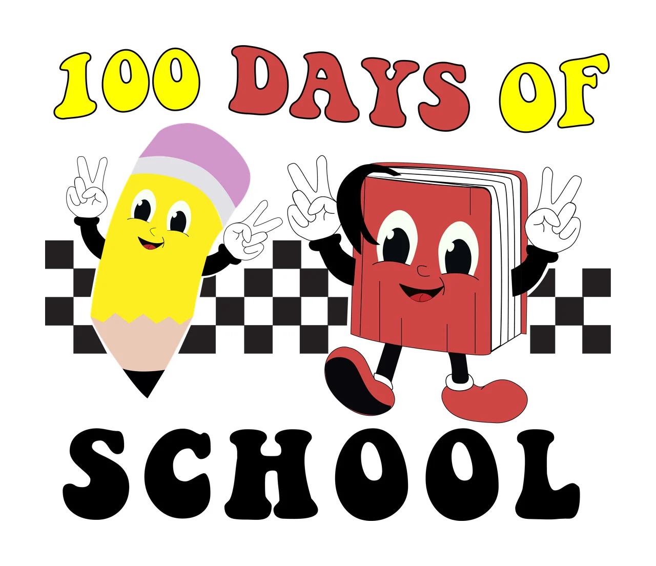 100 Days Of School Cartoon Characters pencil and book waving