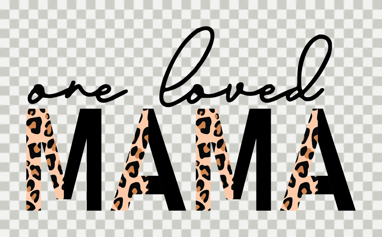 One loved MAMA Typography Design with leopard print pattern, black block letters and cursive script in tan and brown transparency and detail preview thumbnail