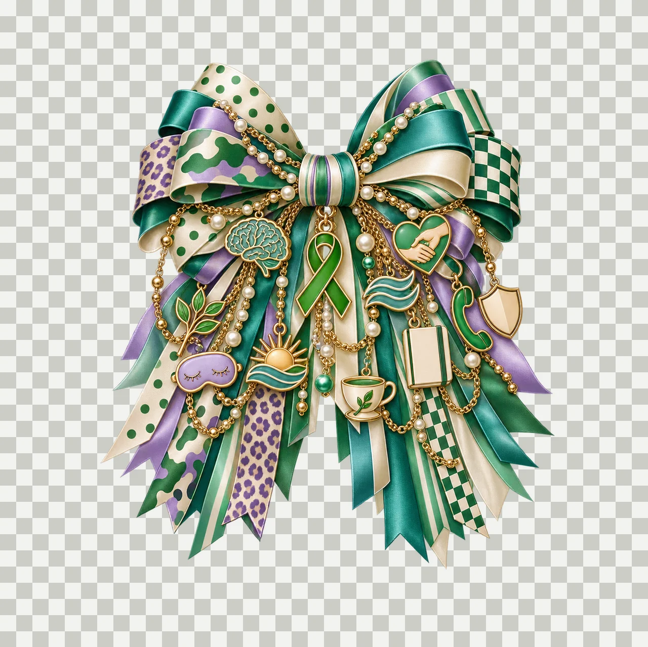 Mental Health Awareness Bow Charm PNG, Gold Chain Charms, Transparent Sublimation Design, Digital Download transparency and detail preview thumbnail