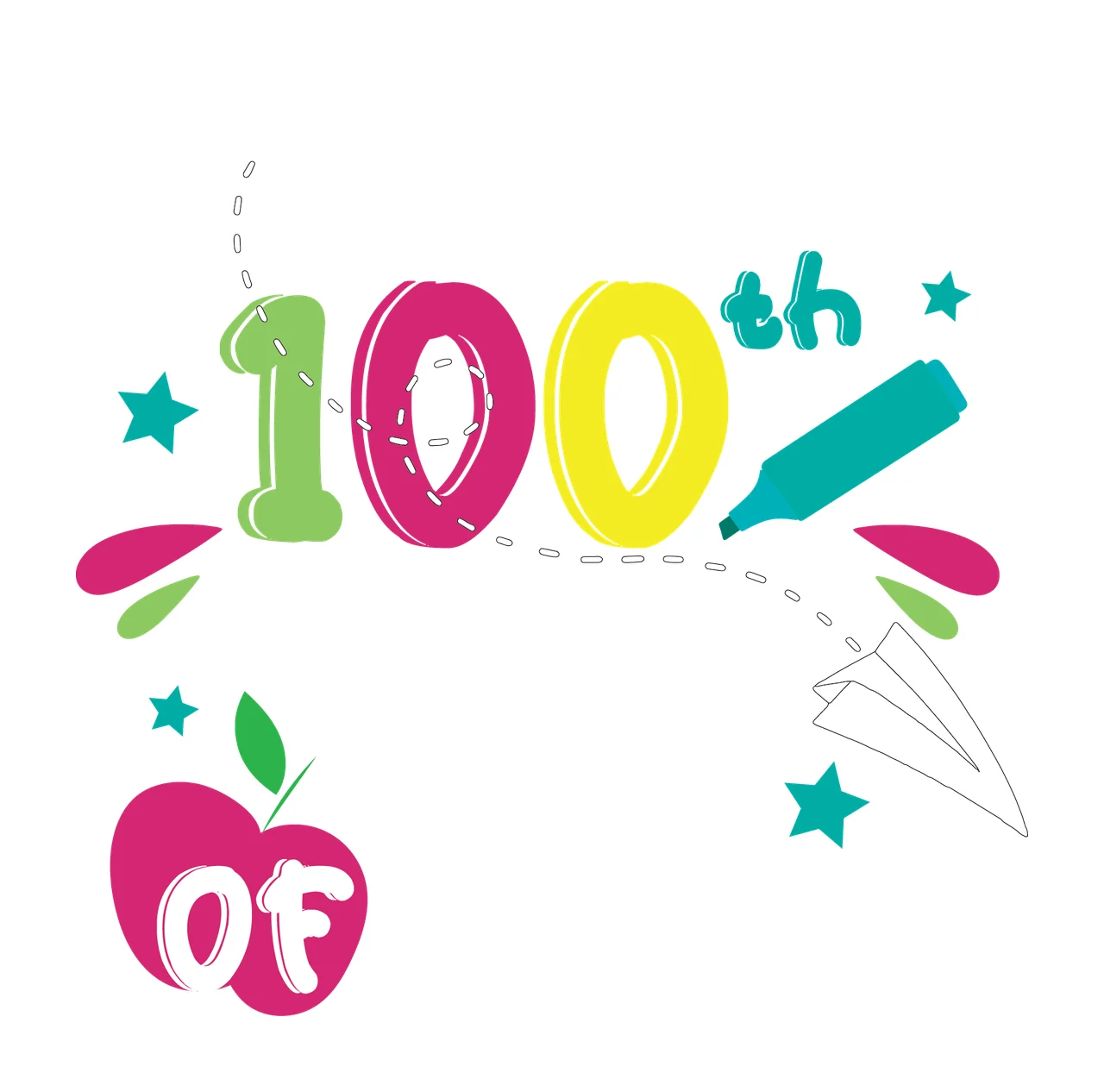 Of School Happy 100Th Day School Text typography apple pencil