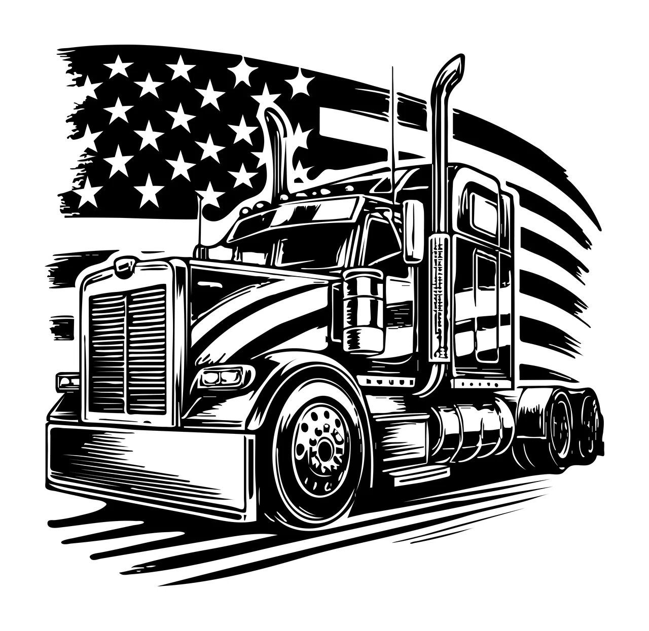 Semi Truck Flag Before American Moving engraving black white