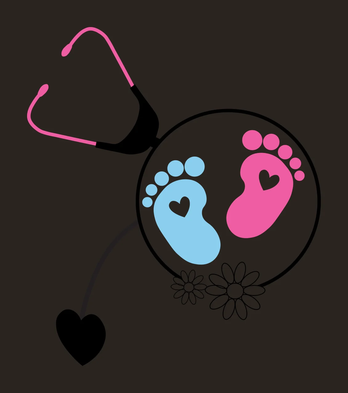 Stethoscope with circular lens showing baby footprints Illustration with pink stethoscope, black earpieces and tubing, blue baby footprint with white heart and two white daisy outlines contrast preview thumbnail