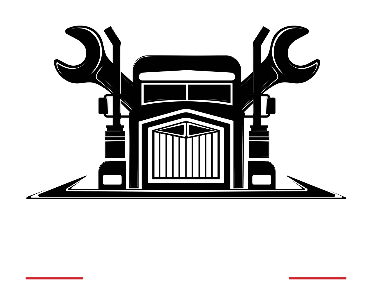 Silhouette Design of Truck front grille with crossed wrenches with black truck front grille, two large wrenches crossed behind truck and red horizontal lines below in white
