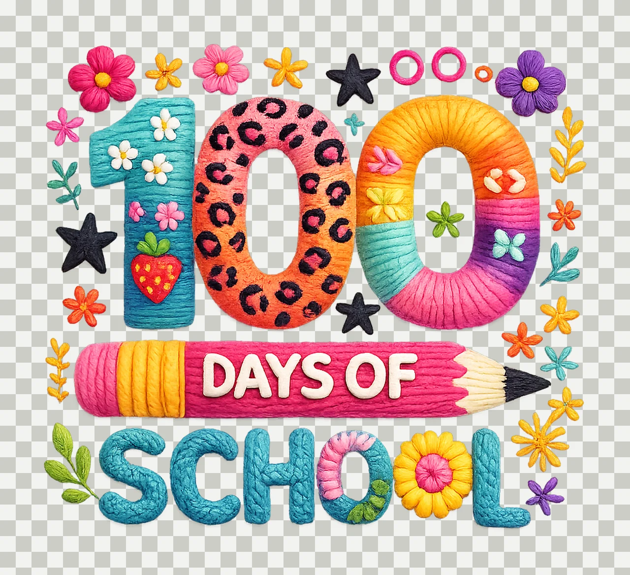 Faux Yarn 100 Days of School Preppy Crochet Design 100th Day transparency and detail preview thumbnail