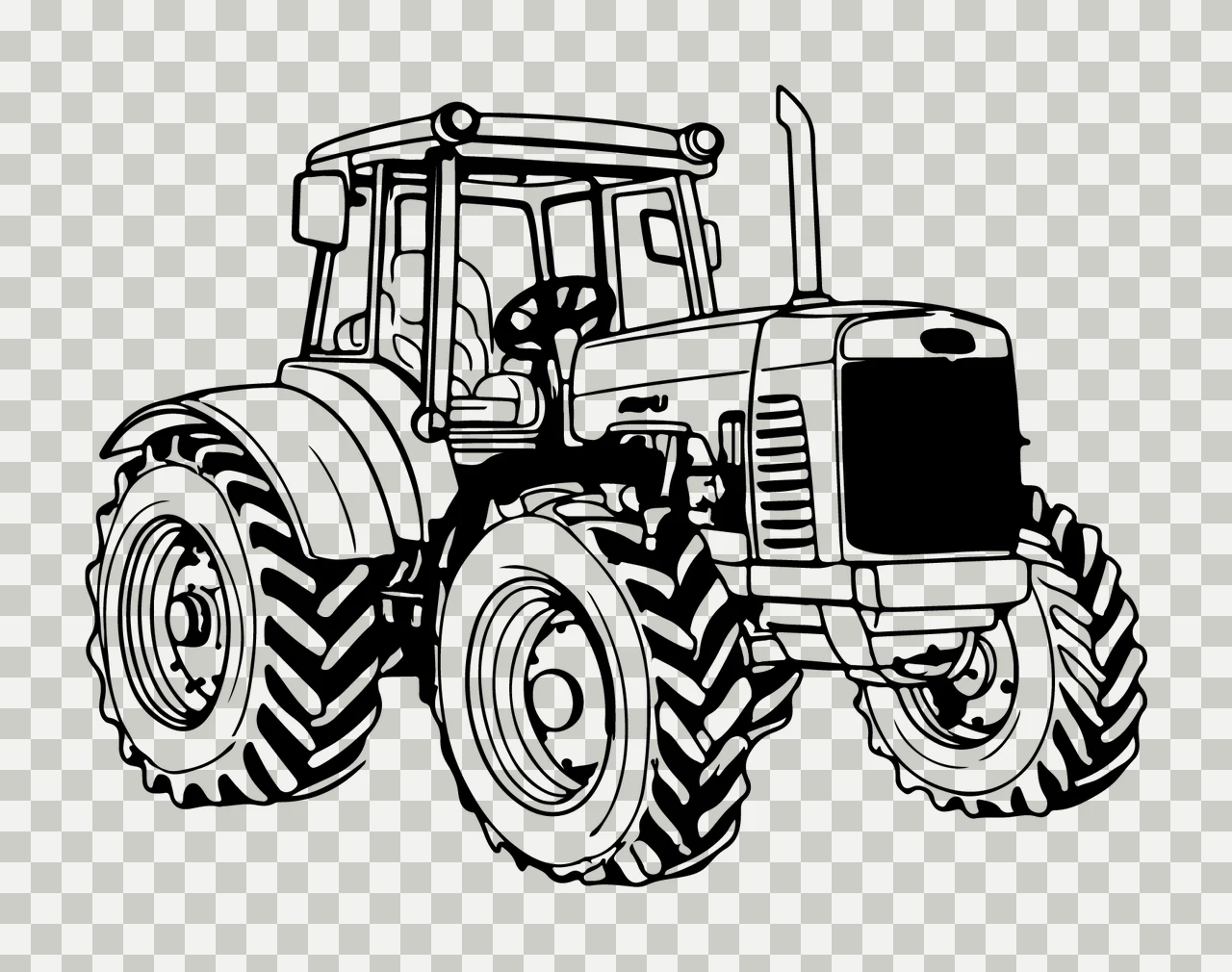 Detailed Outline Farm Tractor resting wheels cabin exhaust pipe transparency and detail preview thumbnail
