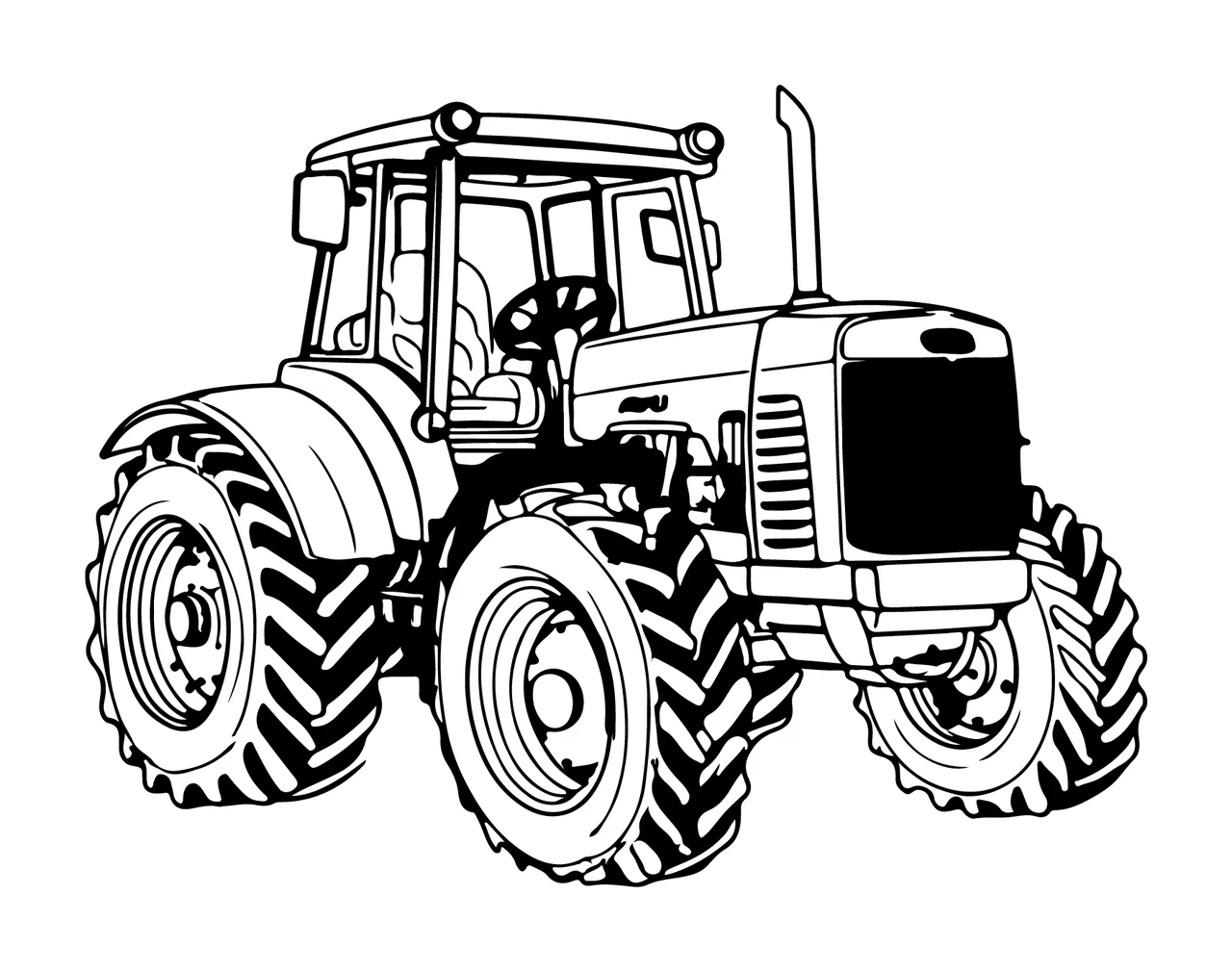 Detailed Outline Farm Tractor resting wheels cabin exhaust pipe