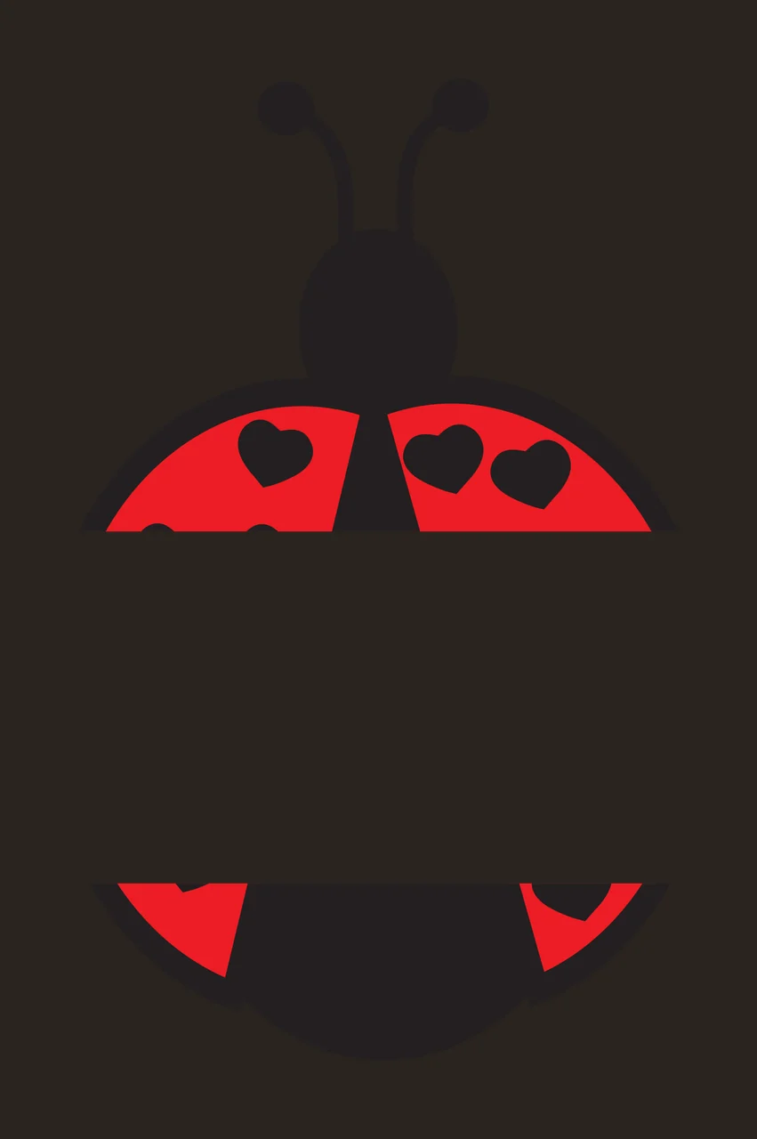 Split ladybug silhouette with heart patterns Illustration with red ladybug body, black head, black antennae and three black hearts in white contrast preview thumbnail