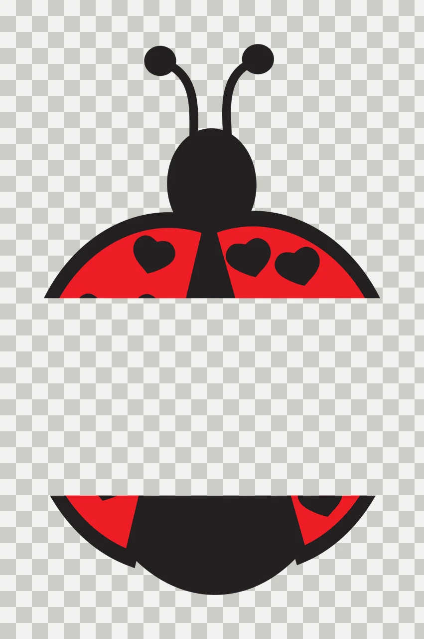Split ladybug silhouette with heart patterns Illustration with red ladybug body, black head, black antennae and three black hearts in white transparency and detail preview thumbnail