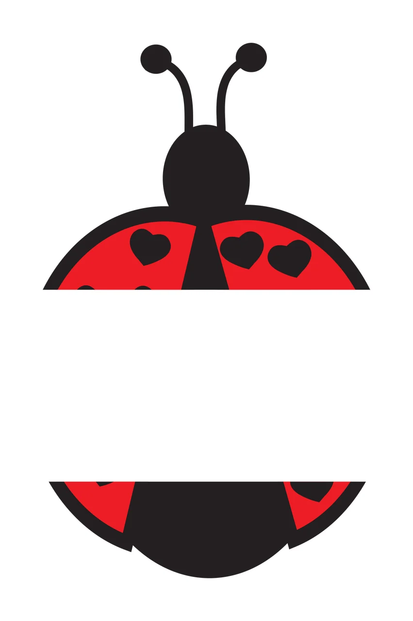 Split ladybug silhouette with heart patterns Illustration with red ladybug body, black head, black antennae and three black hearts in white