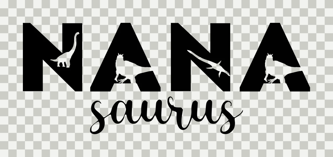 NANA saurus Typography Design with block text NANA, script text saurus, sauropod silhouette and theropod silhouette in black and white transparency and detail preview thumbnail