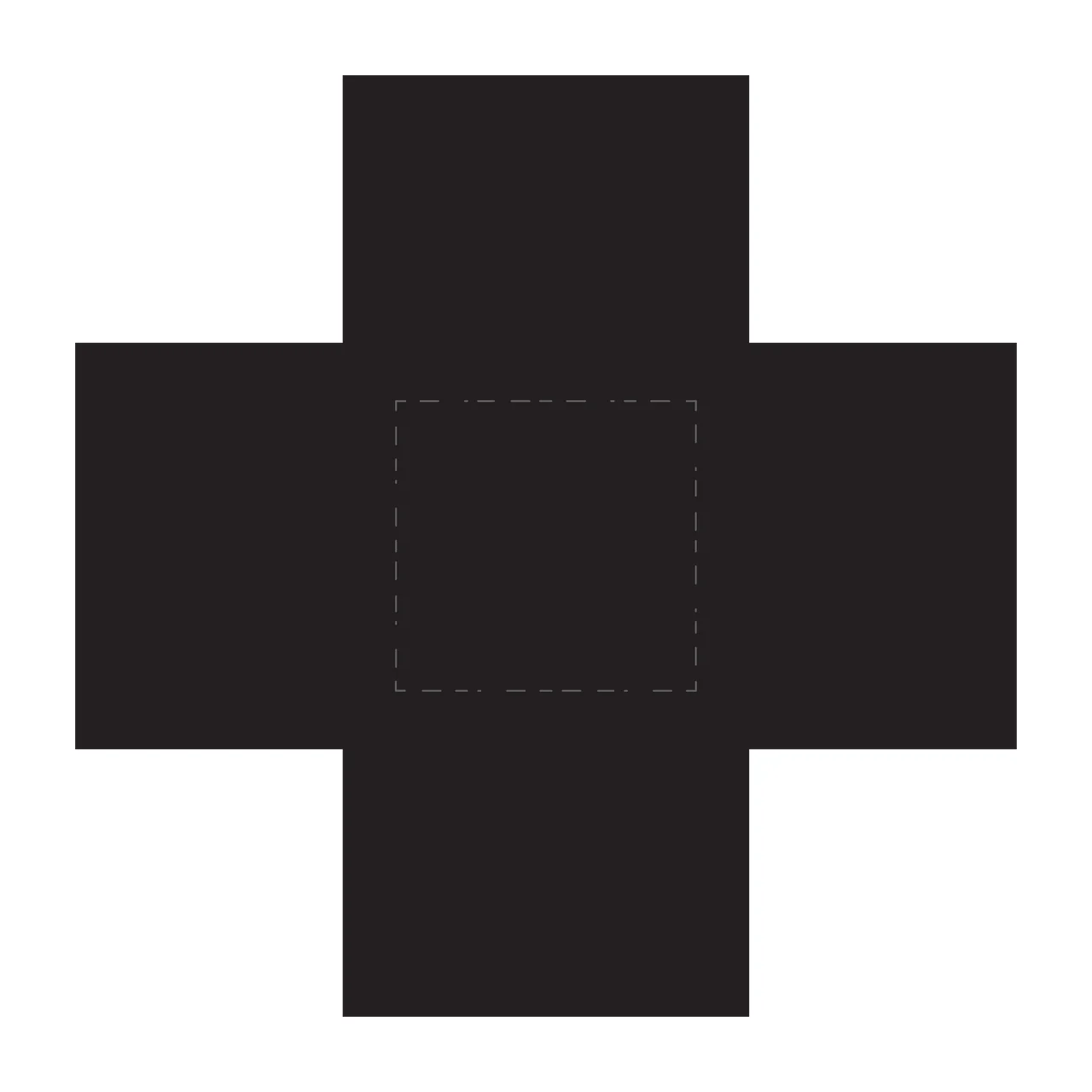 Cross-shaped box template Illustration with black cross-shaped box and dashed rectangle